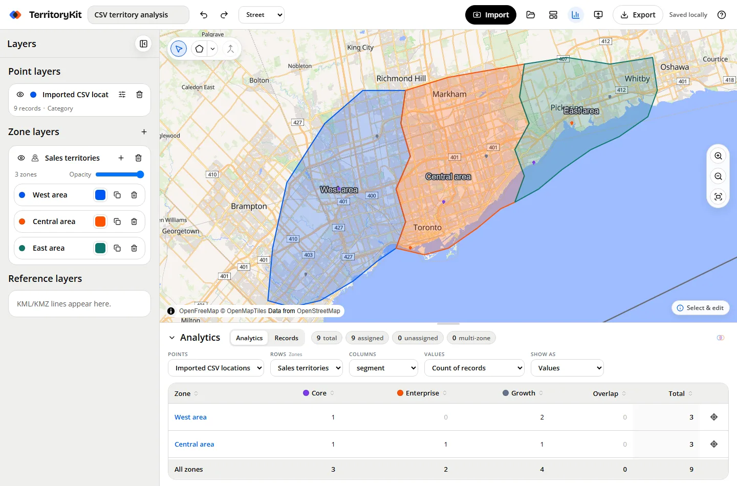 TerritoryKit map builder showing CSV points, territory boundaries, zone totals, and export controls.
