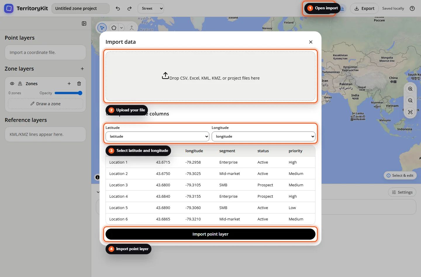 TerritoryKit CSV import preview with latitude and longitude selectors highlighted.