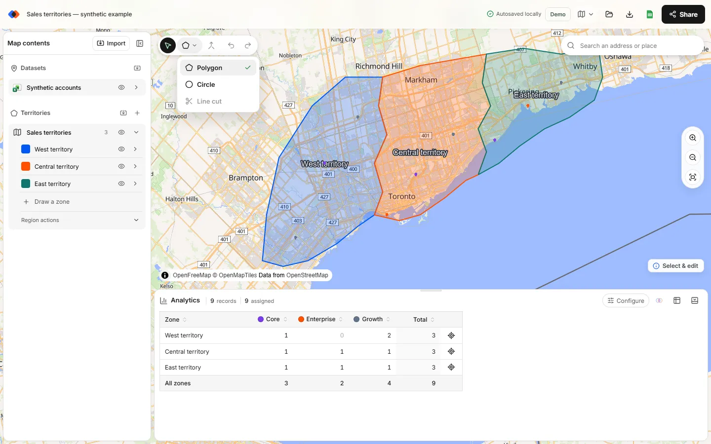 TerritoryKit map toolbar with the draw tools menu open, showing Polygon, Circle and Line cut options above a map with territories and points.