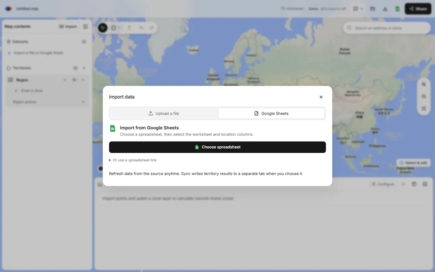 TerritoryKit Import data window on the Google Sheets tab, after connecting Google, with a Choose spreadsheet button and an option to use a spreadsheet link.