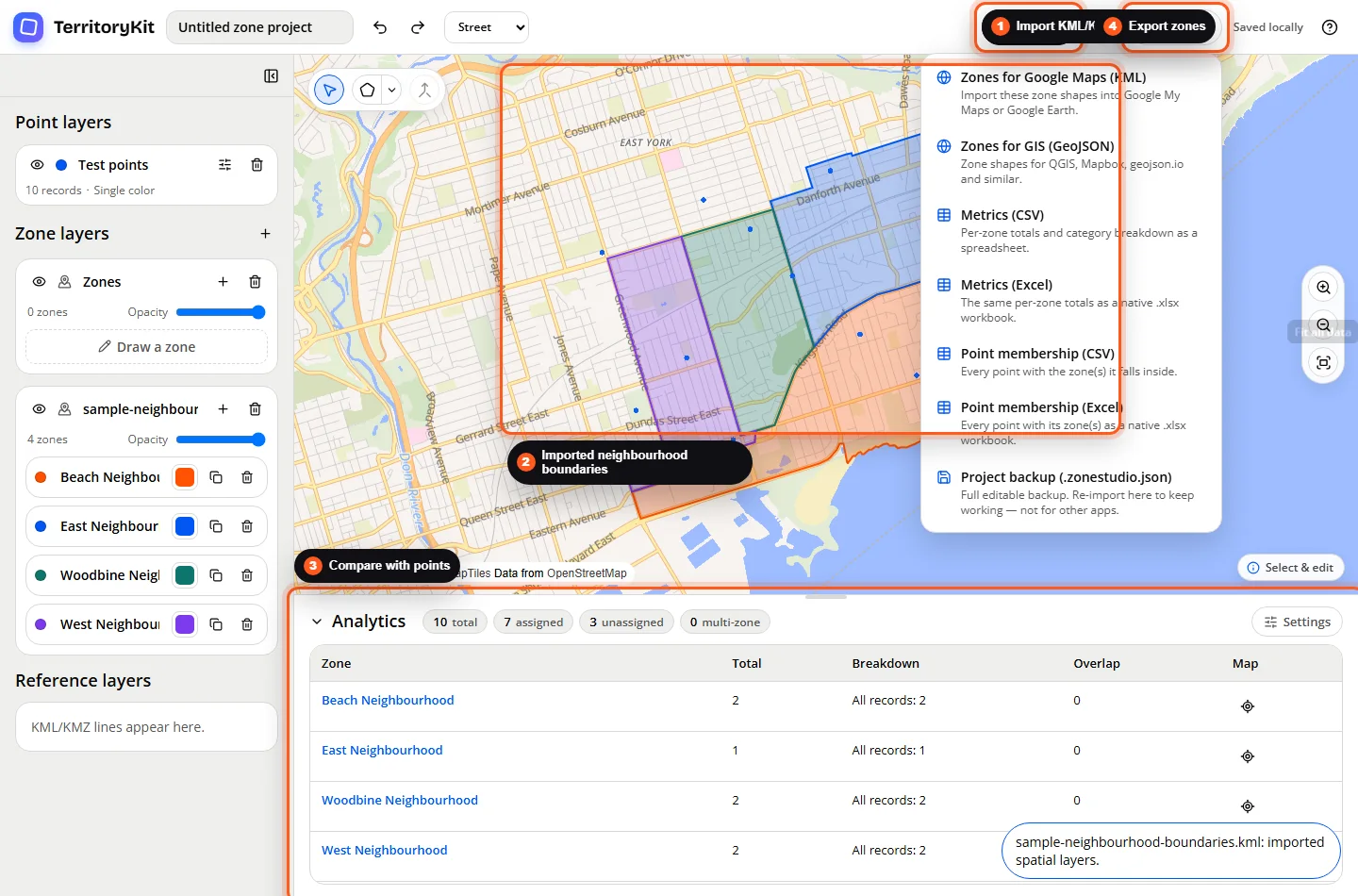 TerritoryKit map builder showing imported KML neighbourhood boundaries compared with mapped points.
