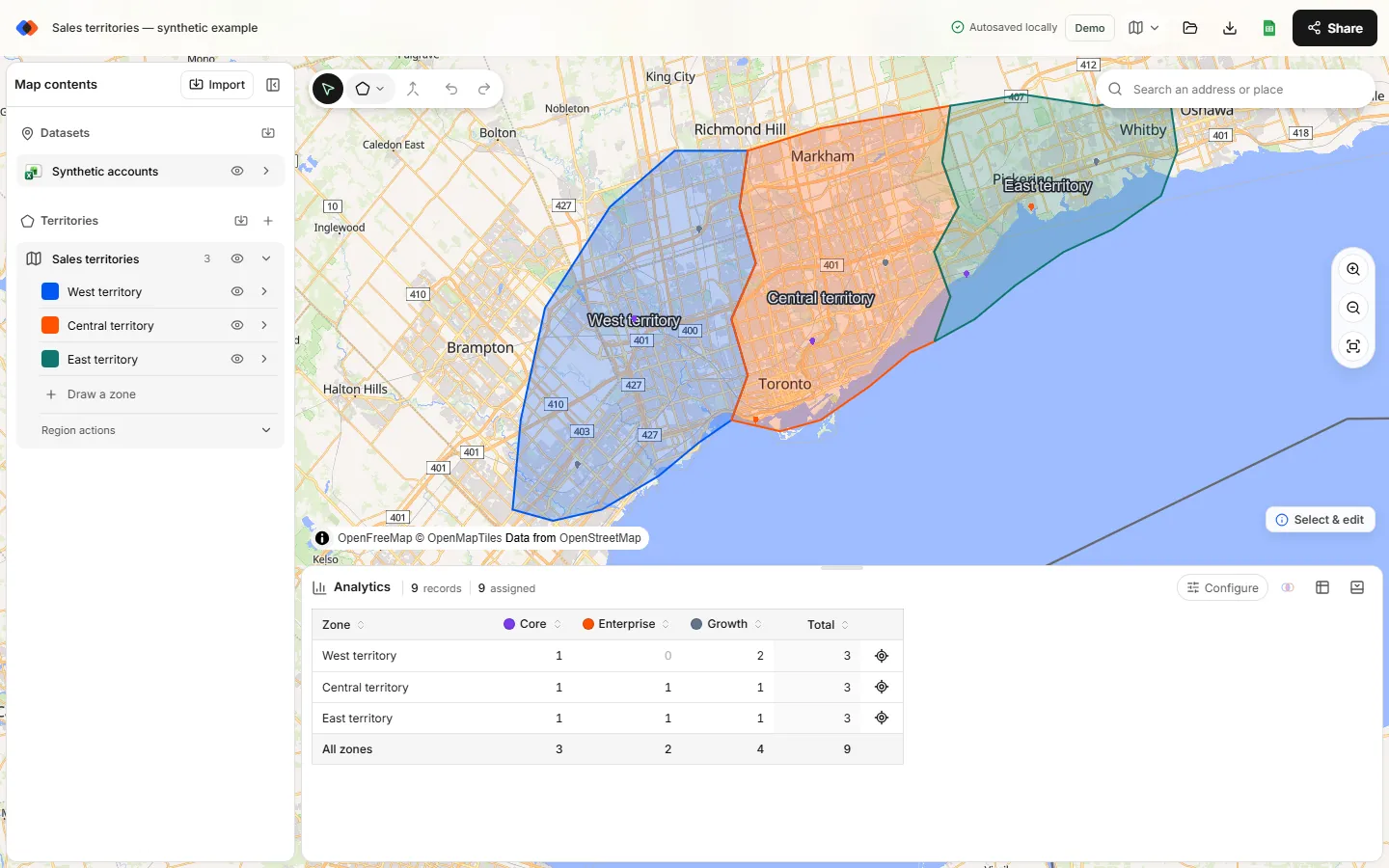 A sales territory map with West, Central and East territories around Toronto, synthetic accounts, and account counts per territory by segment.