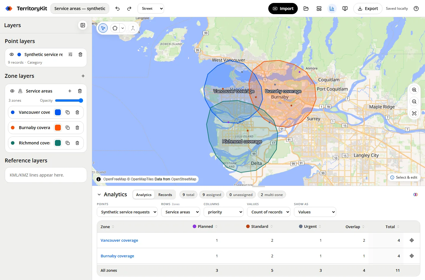 TerritoryKit map builder showing service coverage zones, imported service locations, analytics counts, and export options.