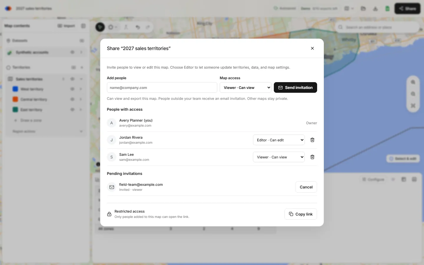 TerritoryKit Share dialog with an email field, a map access role menu, people with access and a restricted Copy link option.