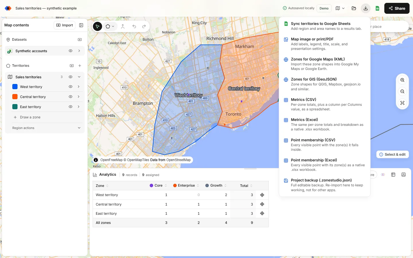 TerritoryKit Export menu listing map image or print/PDF, zones for Google Maps (KML), zones for GIS (GeoJSON), metrics, point membership and project backup.