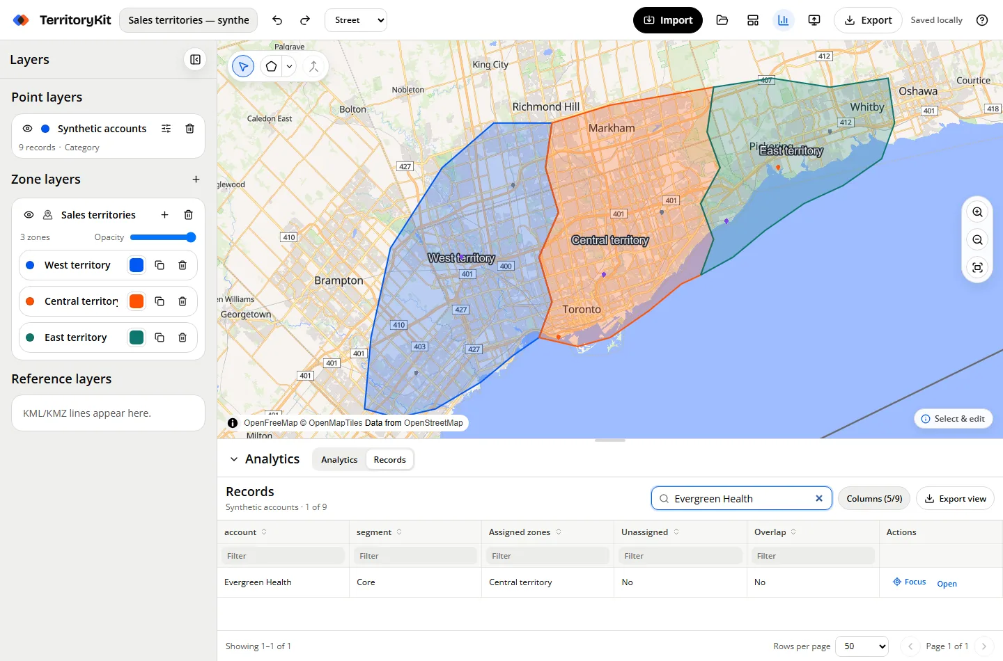 TerritoryKit Records table filtered to one synthetic account with assigned-zone, unassigned and overlap columns beside the map.