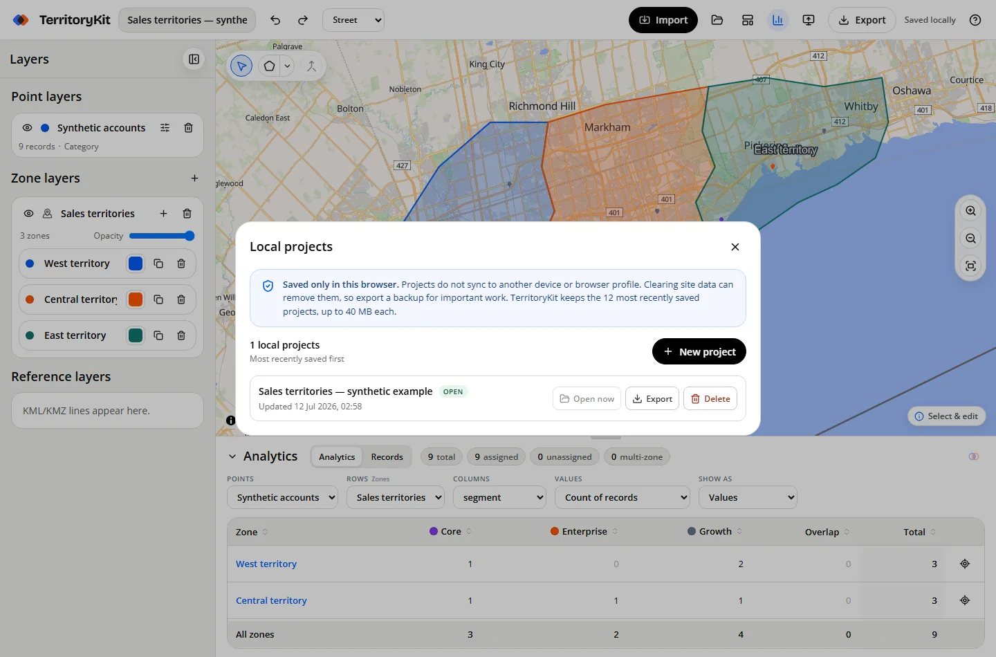 TerritoryKit Local projects window listing browser-saved maps with open, export and permanent delete controls.