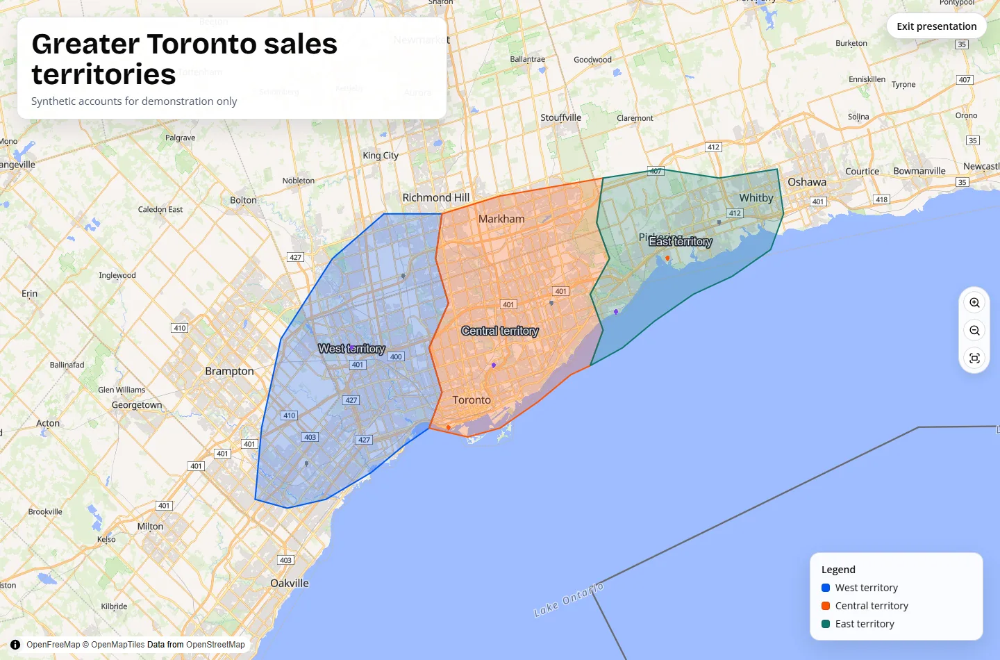 TerritoryKit presentation mode showing a titled sales territory map with zone labels and a clean legend while editing controls are hidden.