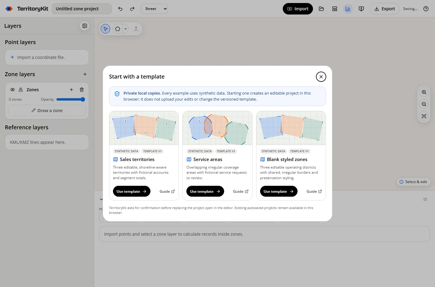 TerritoryKit starter template picker with synthetic sales territory, service area and blank styled zone projects.