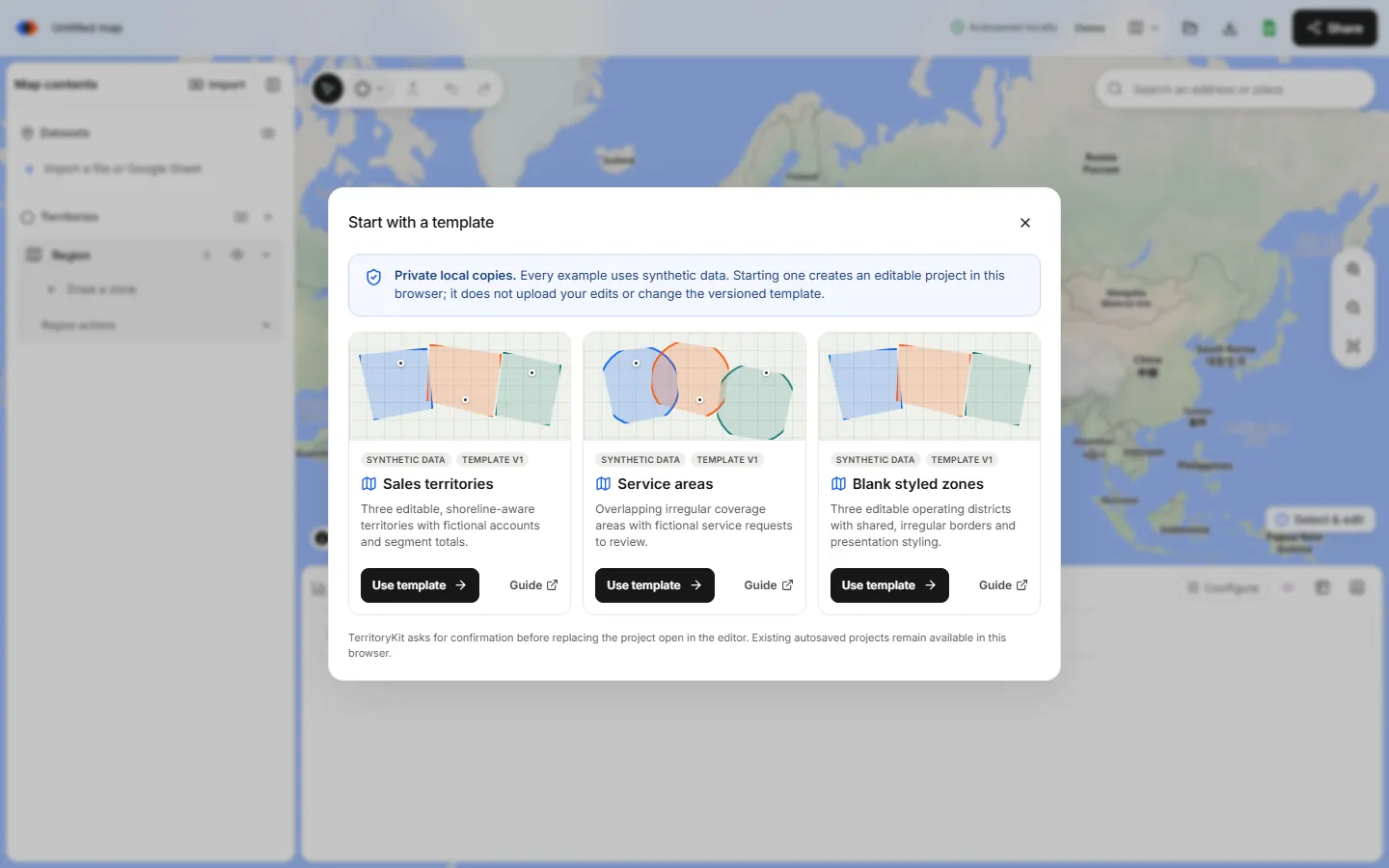 TerritoryKit Start with a template window showing the Sales territories, Service areas and Blank styled zones examples.