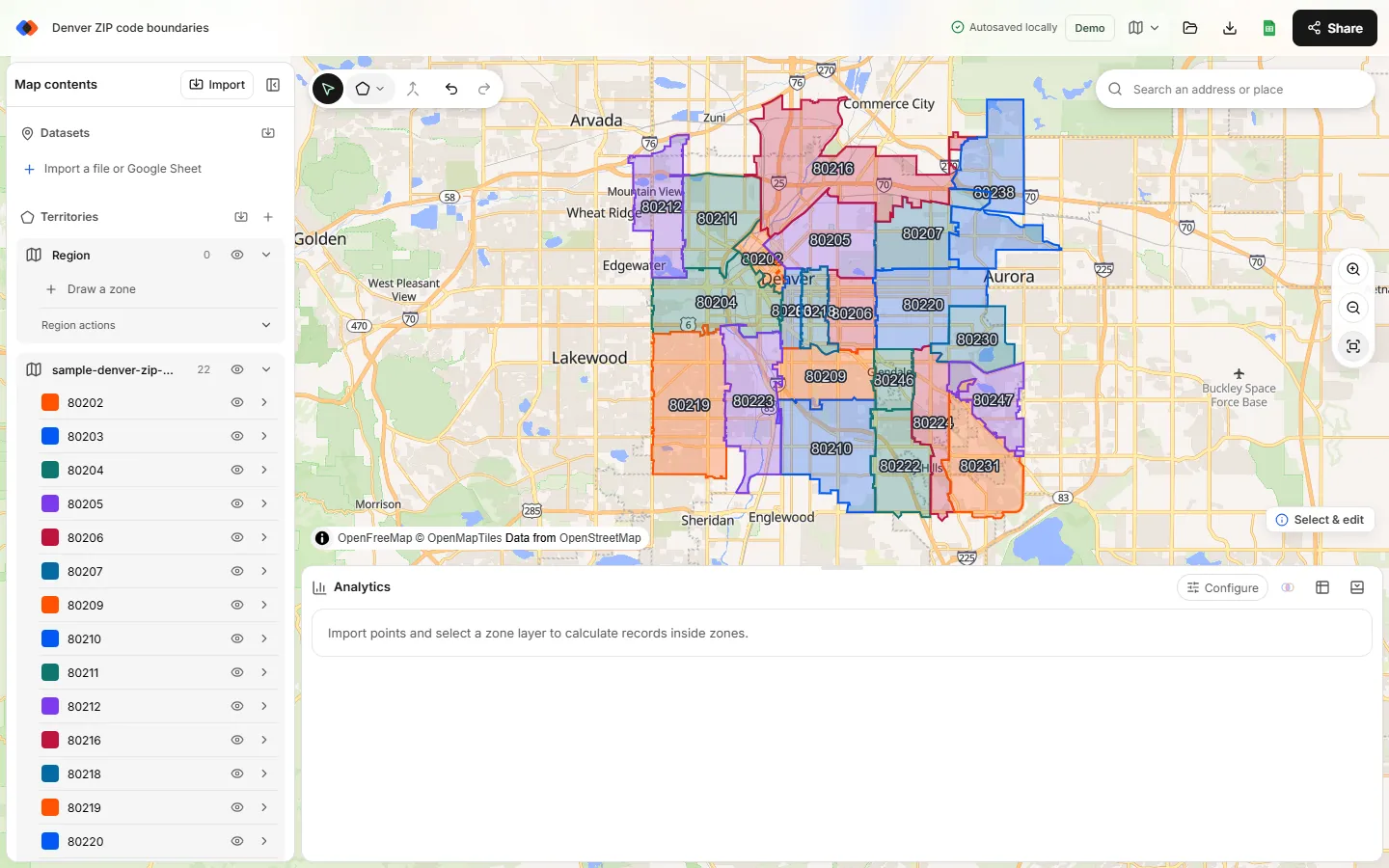 TerritoryKit map of central Denver with 22 ZIP Code Tabulation Area boundaries imported from a KML file as separate zones.
