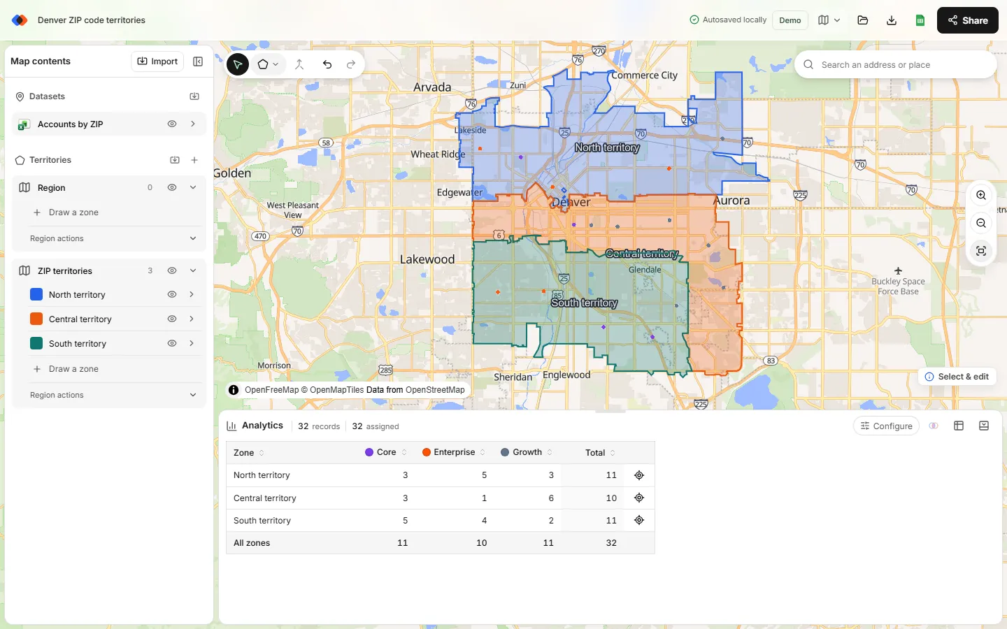 TerritoryKit map of three Denver territories built from ZIP code areas, with accounts counted per territory by segment.
